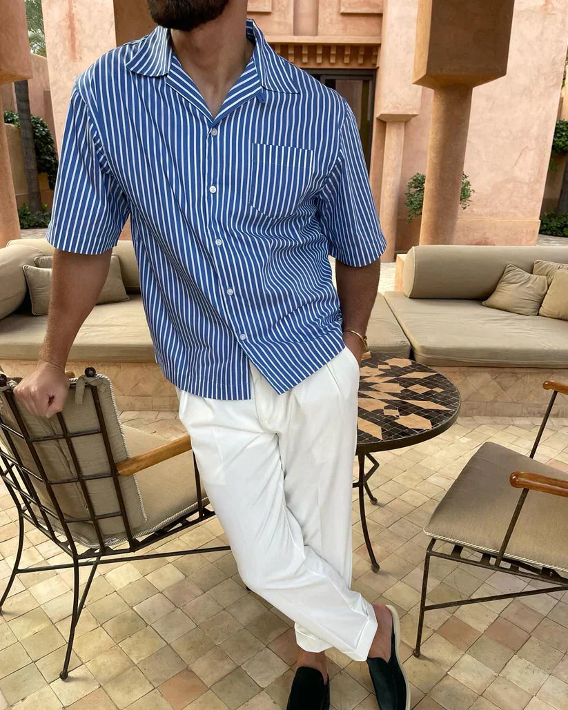 Men's Blue and White Striped Cotton Shirt