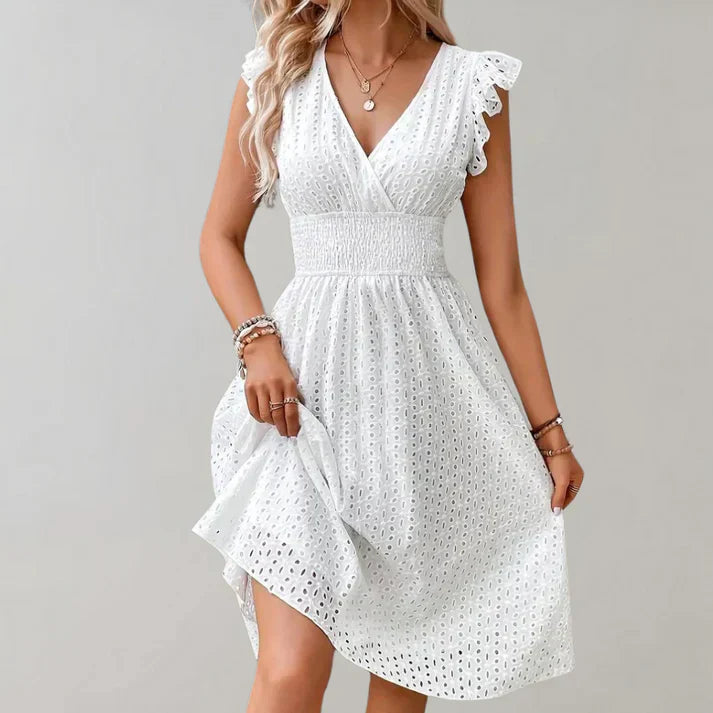 White Eyelet Flutter Sleeve Dress